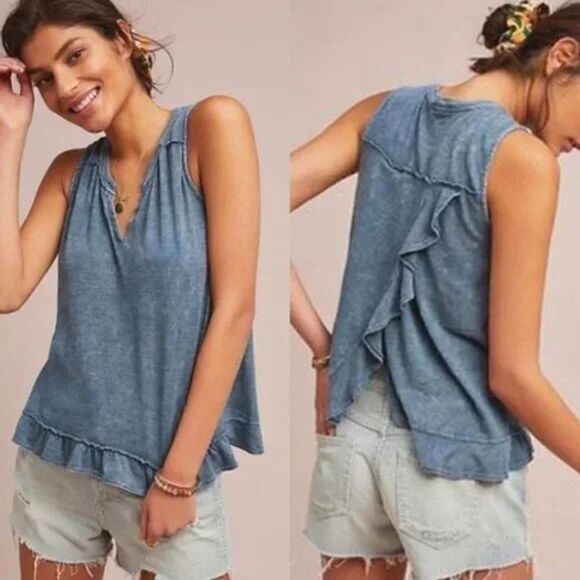 Maeve by Anthropologie | faded blue open back ruffle tank top | size medium - Picture 1 of 7